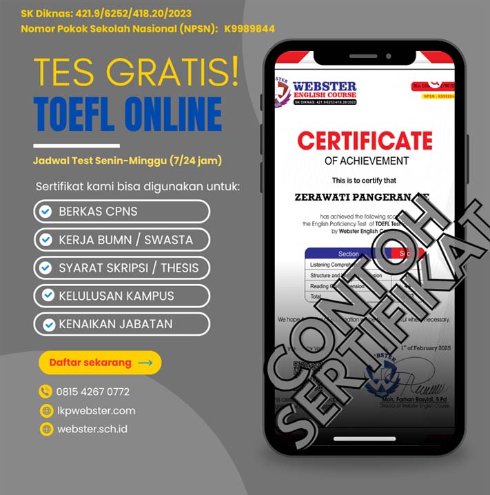 Contoh Sertifikat Ujian TOEFL ITP Gratis